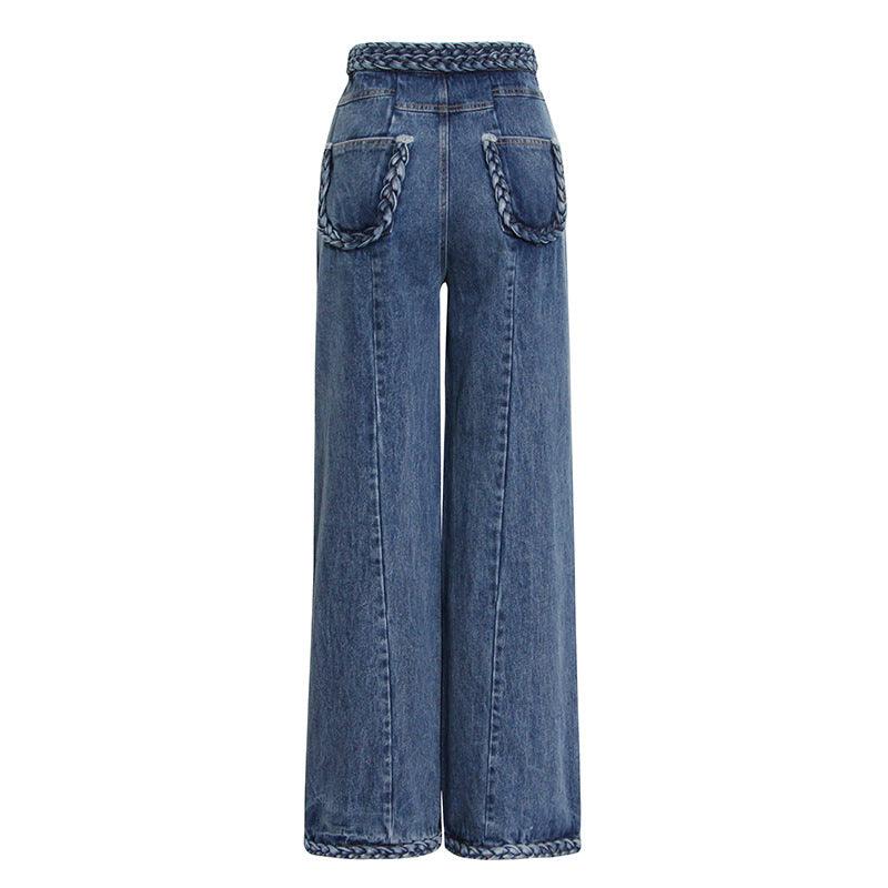 Woven Stitching High Waist Straight Wide Jeans - Stellar Real