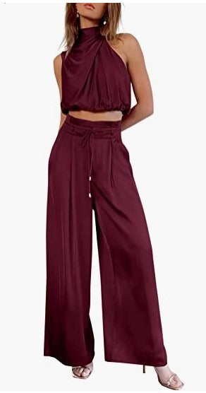 Sleeveless collar exposed Navel top  wide leg Pants Set