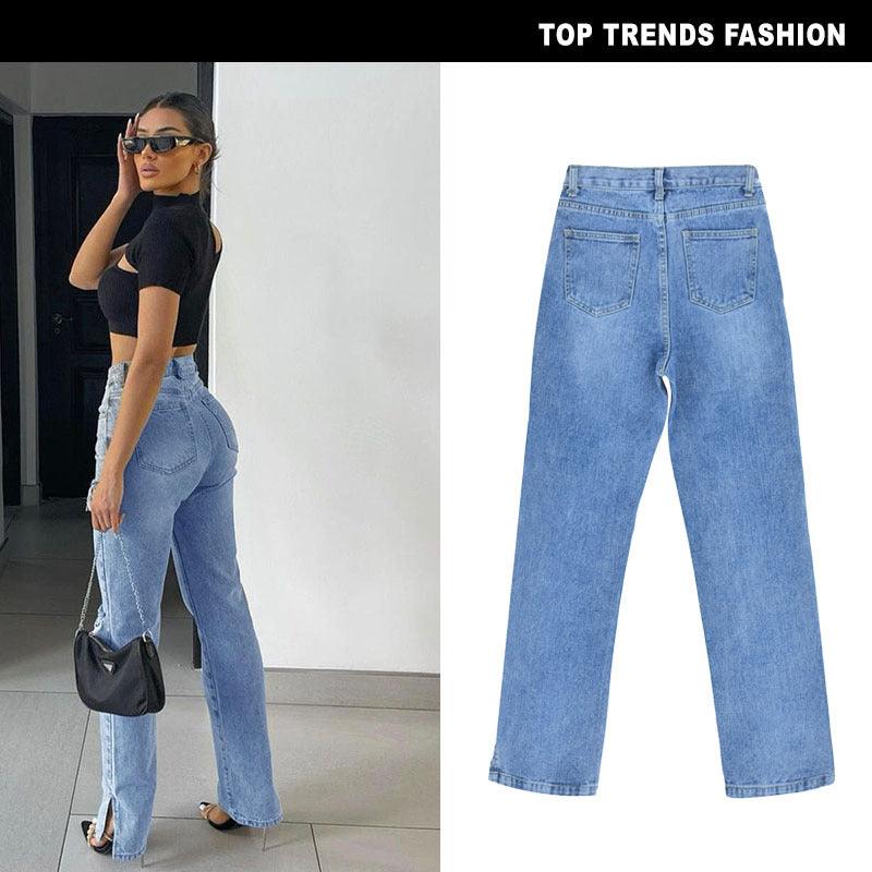 Women's High-Waisted High-Slim Straight-Leg Denim Trousers Mopping Trousers Ripped Hole Foot Slit Drape Slightly Flared Trousers - Stellar Real