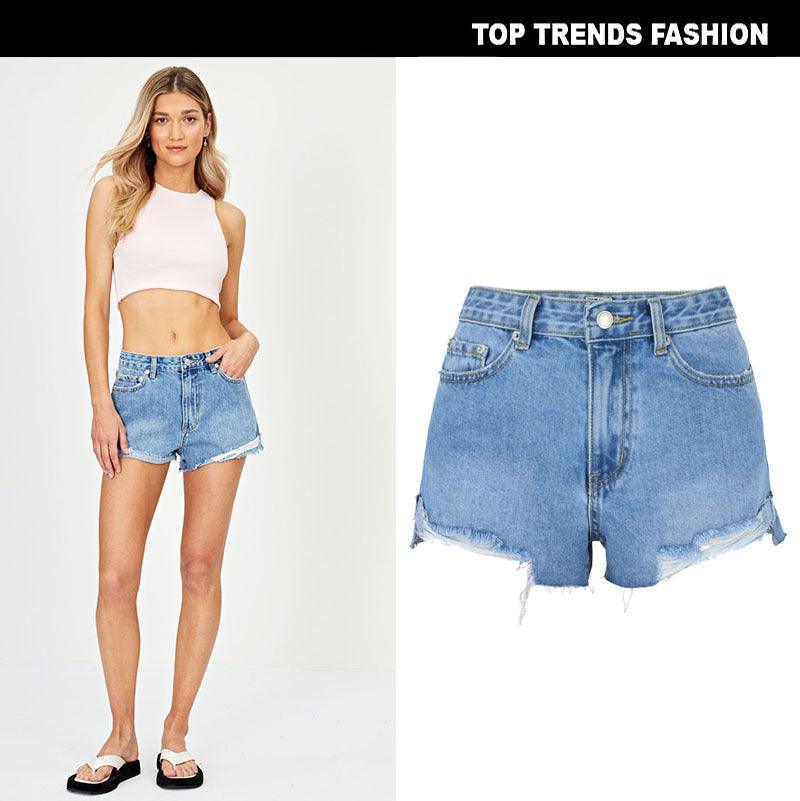 High Waist Thin Super Soft Ripped Denim Shorts Short Front And Long Back Spring And Summer Beach Holiday Style Women's Clothing - Stellar Real