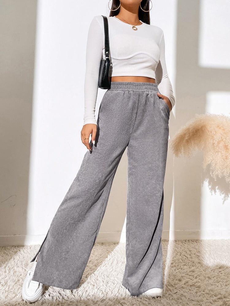 High Waist Solid Corduroy Splice Slit Bottom Pants - Stellar Real