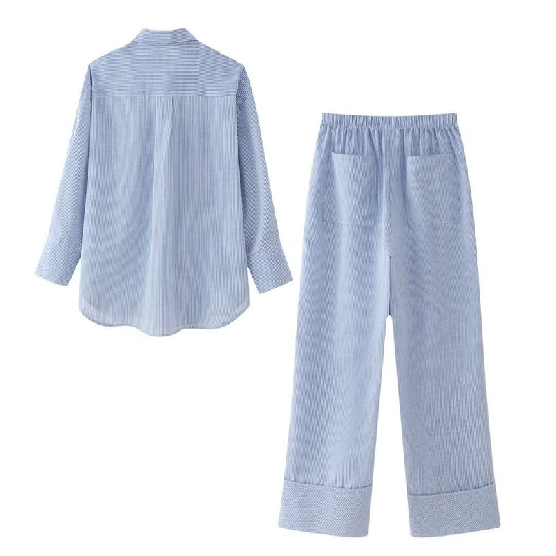 Pocket striped shirt+straight leg pants set for women