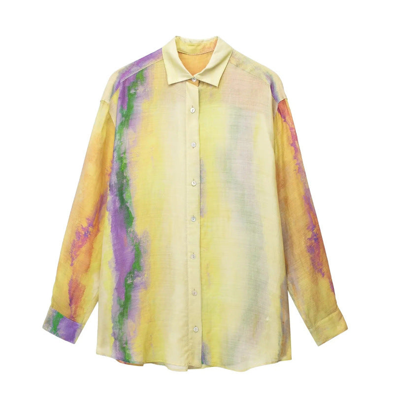 Tie Dye Skirts Set Long Shirt Semi Transparent Button Up Shirt + Tie Dye