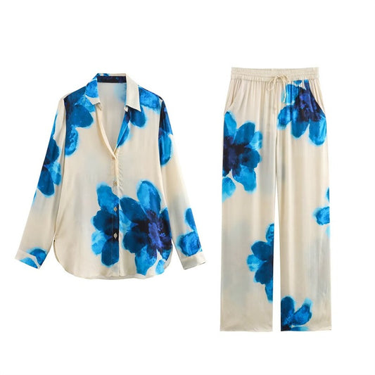 Silk floral print shirt straight leg pants set