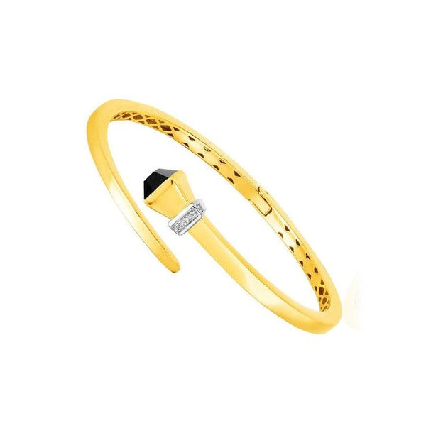 14k Yellow Gold Crossover Style Hinged Bangle Bracelet with Onyx and Diamonds - Stellar Real