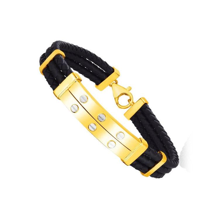 14k Yellow Gold and Rubber Mens Bracelet with Two Riveted Bars - Stellar Real