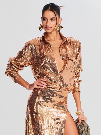 Sequin Long Sleeve Top + Long Edge Split Sequin Skirt Set