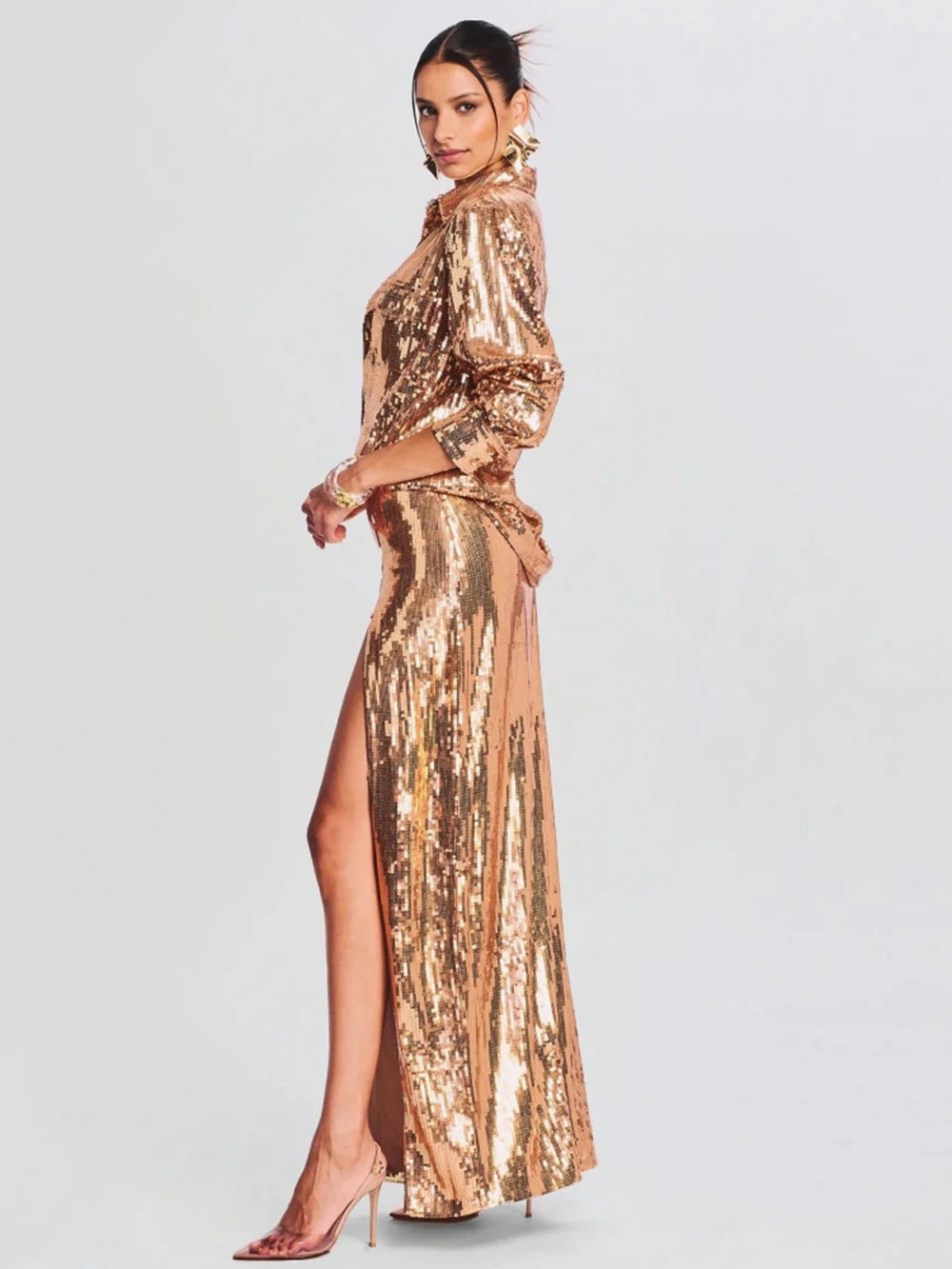 Sequin Long Sleeve Top + Long Edge Split Sequin Skirt Set