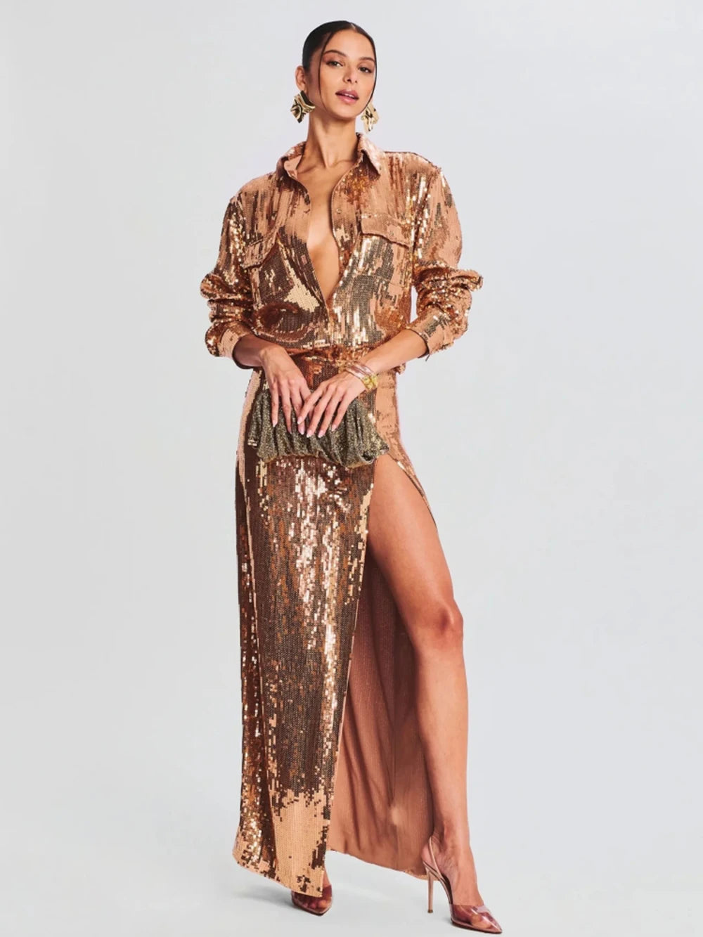 Sequin Long Sleeve Top + Long Edge Split Sequin Skirt Set