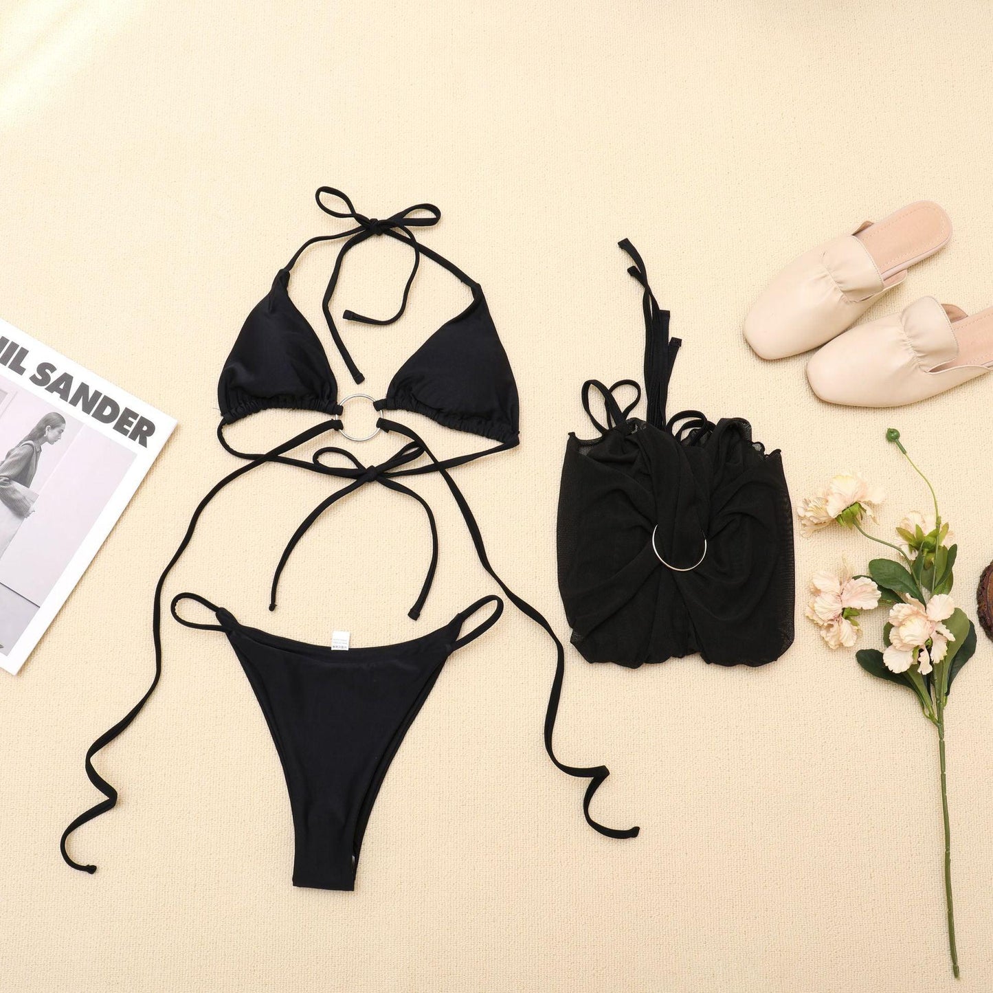 Mesh Black Bikini Swimwear Three Pieces Set
