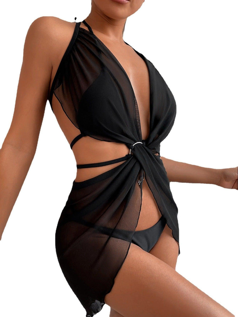 Mesh Black Bikini Swimwear Three Pieces Set - Stellar Real