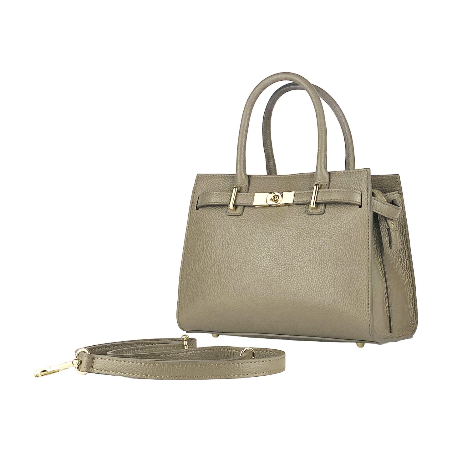 RB1016AQ | Borsa Donna a Mano in Vera Pelle Made in Italy con tracolla removibile. Attacchi con moschettoni in metallo Oro Lucido - Colore Taupe - Dimensioni: cm 28 x 20 x 14 + 12,5-0