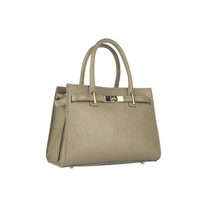 RB1016AQ | Borsa Donna a Mano in Vera Pelle Made in Italy con tracolla removibile. Attacchi con moschettoni in metallo Oro Lucido - Colore Taupe - Dimensioni: cm 28 x 20 x 14 + 12,5-1