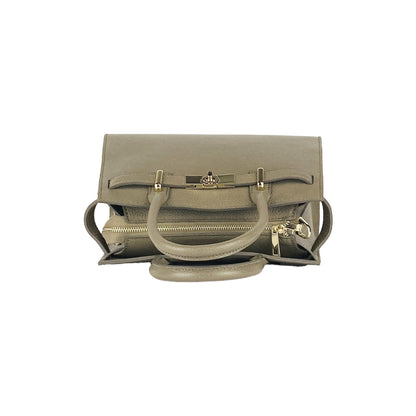 RB1016AQ | Borsa Donna a Mano in Vera Pelle Made in Italy con tracolla removibile. Attacchi con moschettoni in metallo Oro Lucido - Colore Taupe - Dimensioni: cm 28 x 20 x 14 + 12,5-6