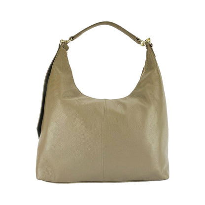 RB1017AQ | Borsa Donna a spalla Morbida in Vera Pelle Made in Italy con manico singolo e tracolla removibile. Attacchi con moschettoni in metallo Oro Lucido - Colore Taupe - Dimensioni: cm 36 x 40 x 13-1