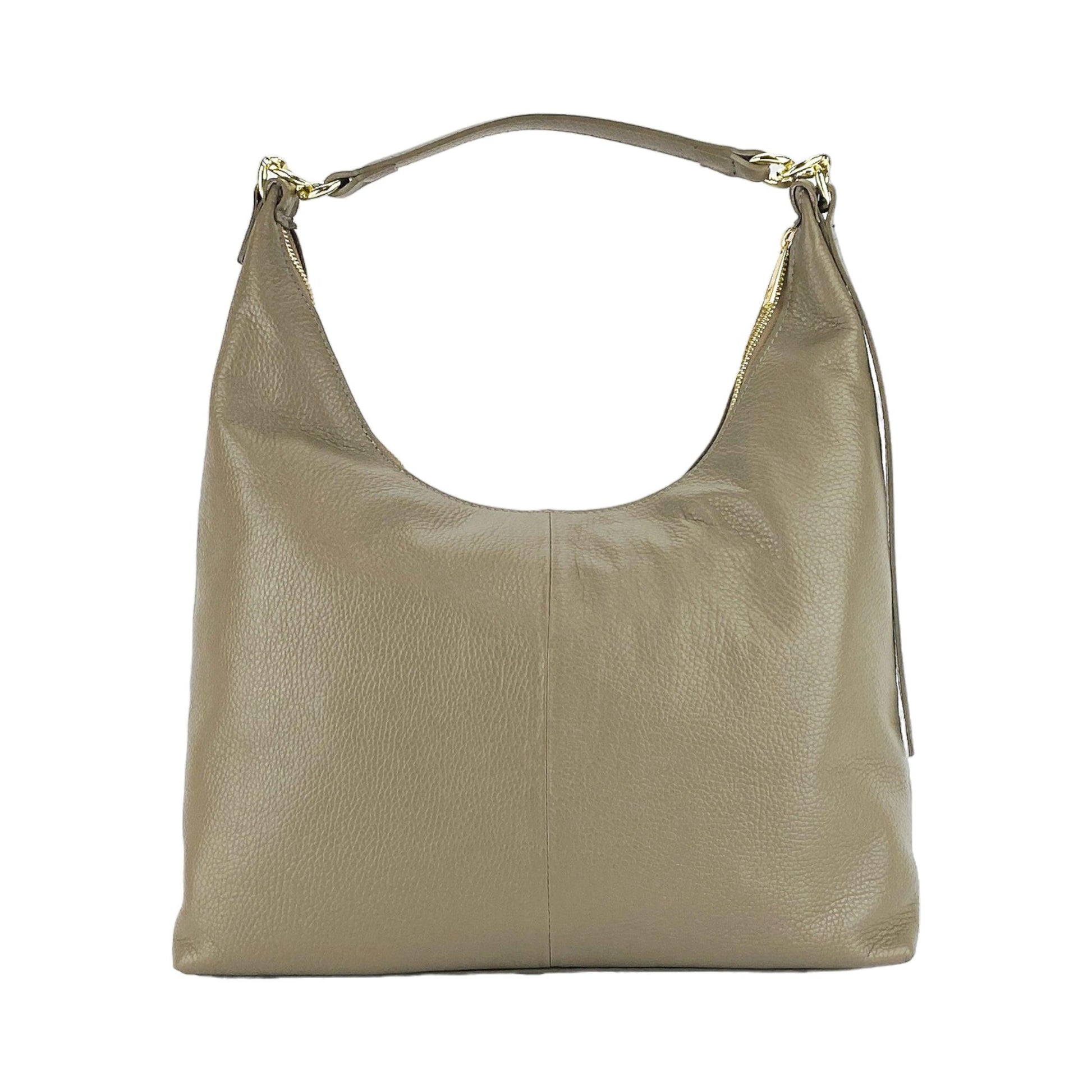 RB1017AQ | Borsa Donna a spalla Morbida in Vera Pelle Made in Italy con manico singolo e tracolla removibile. Attacchi con moschettoni in metallo Oro Lucido - Colore Taupe - Dimensioni: cm 36 x 40 x 13-2