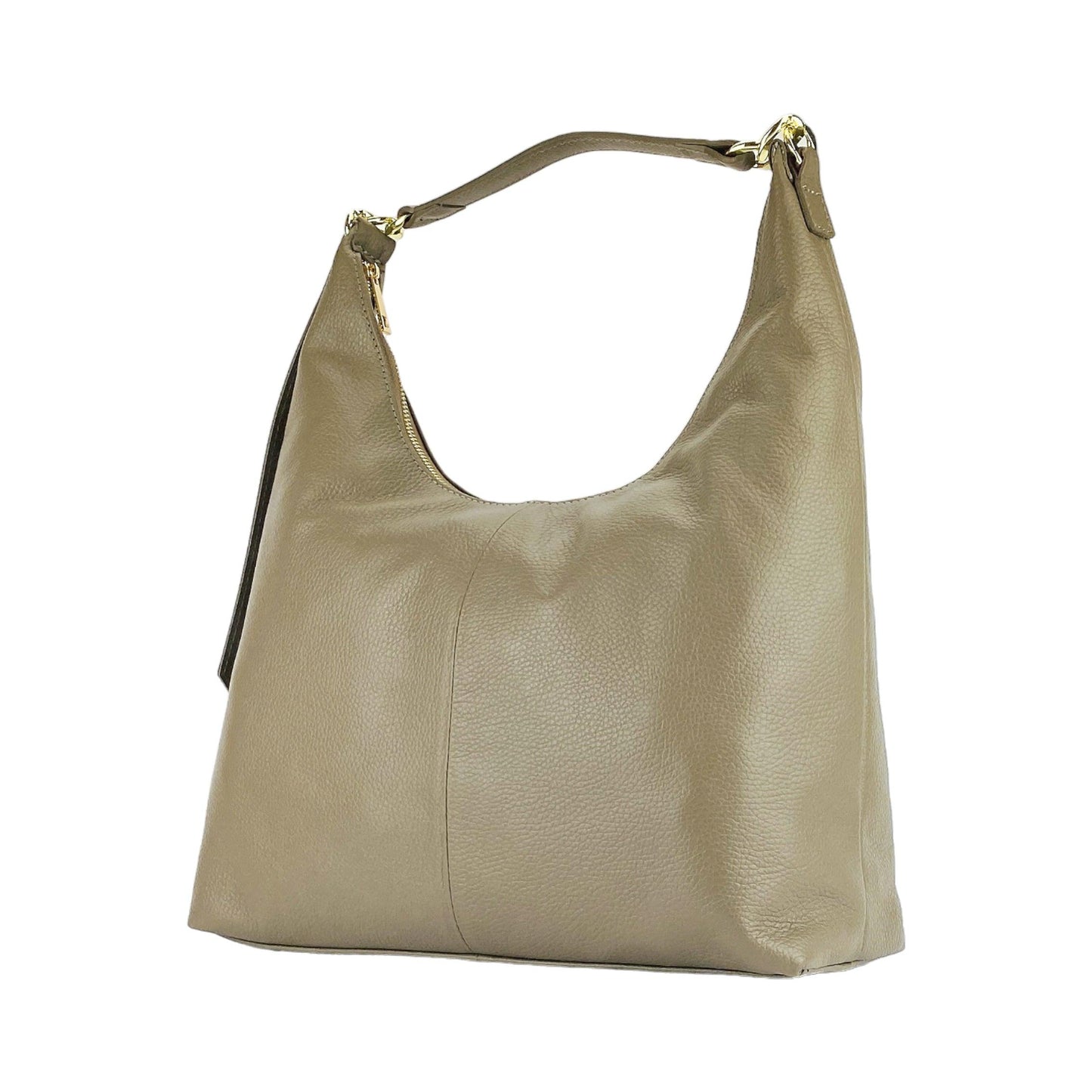 RB1017AQ | Borsa Donna a spalla Morbida in Vera Pelle Made in Italy con manico singolo e tracolla removibile. Attacchi con moschettoni in metallo Oro Lucido - Colore Taupe - Dimensioni: cm 36 x 40 x 13-4