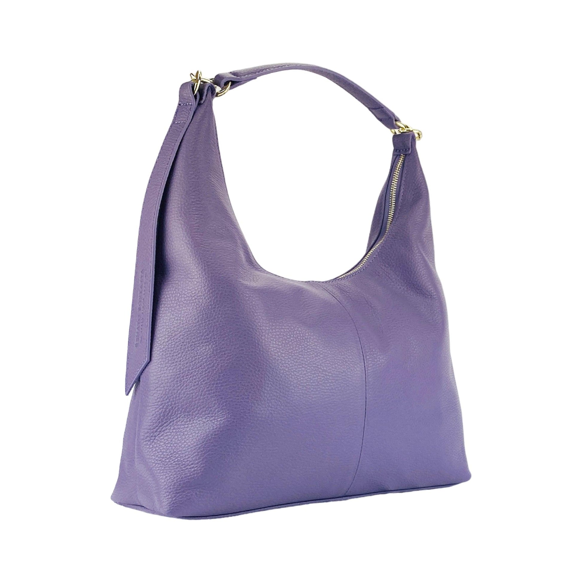 RB1017Y | Borsa Donna a spalla Morbida in Vera Pelle Made in Italy con tracolla removibile. Attacchi con moschettoni in metallo Oro Lucido - Colore Viola - Dimensioni: cm 36 x 40 x 13-5