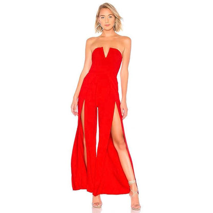 C2415 Red Black Strapless Sleeveless Slit Design Fashion Club Jumpsuits Women - Stellarreal