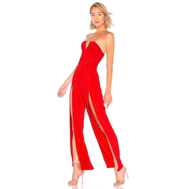 C2415 Red Black Strapless Sleeveless Slit Design Fashion Club Jumpsuits Women - Stellarreal