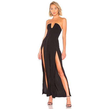 C2415 Red Black Strapless Sleeveless Slit Design Fashion Club Jumpsuits Women - Stellarreal