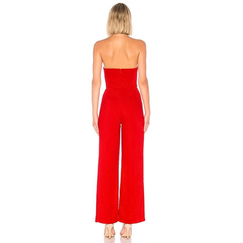 C2415 Red Black Strapless Sleeveless Slit Design Fashion Club Jumpsuits Women - Stellarreal