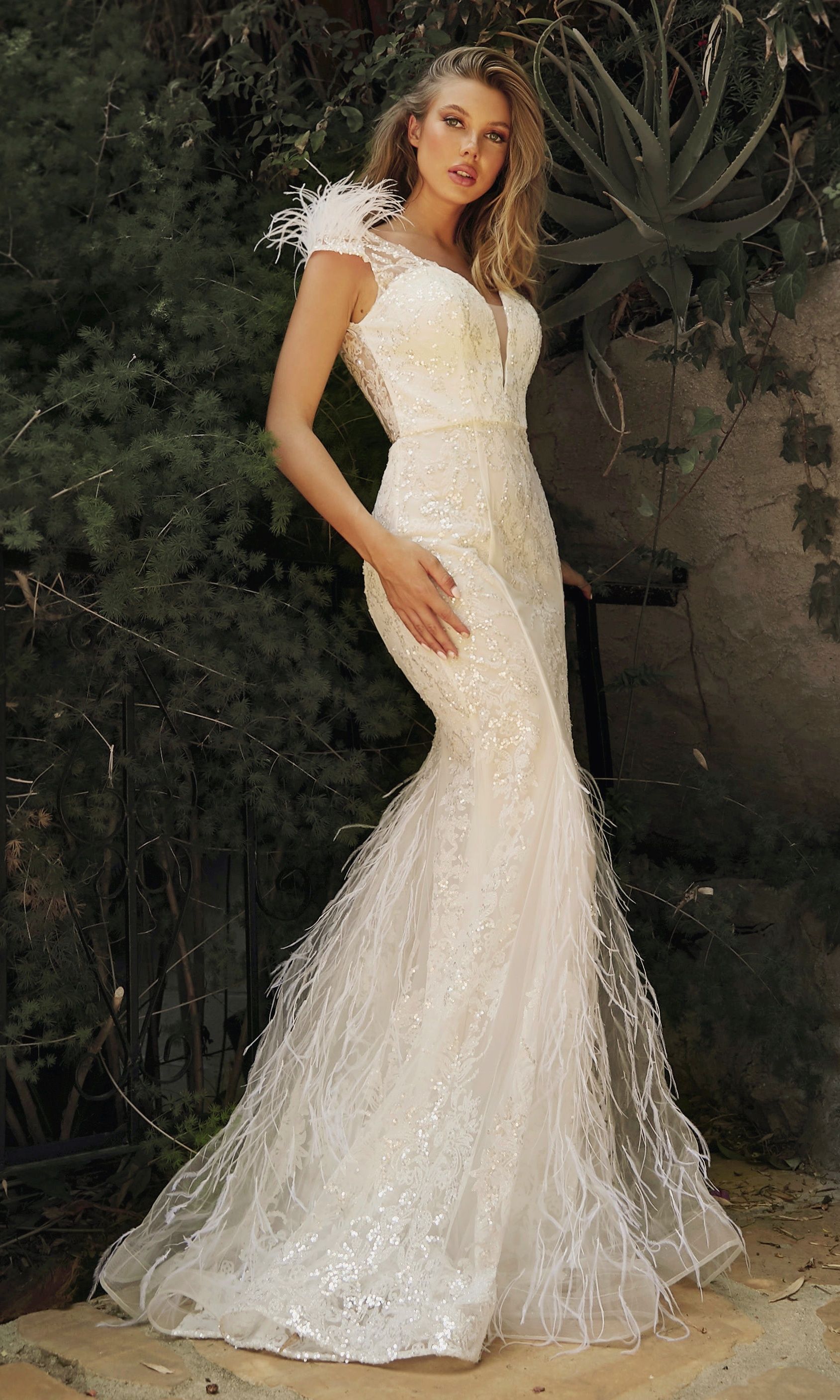 Embellished Mermaid Feather Bridal Gown CDC57W-0