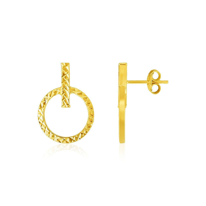 14k Yellow Gold Textured Circle and Bar Post Earrings - Stellar Real