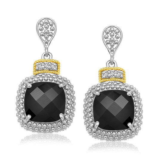 18k Yellow Gold & Sterling Silver Black Onyx & Diamond Earrings (.05cttw)