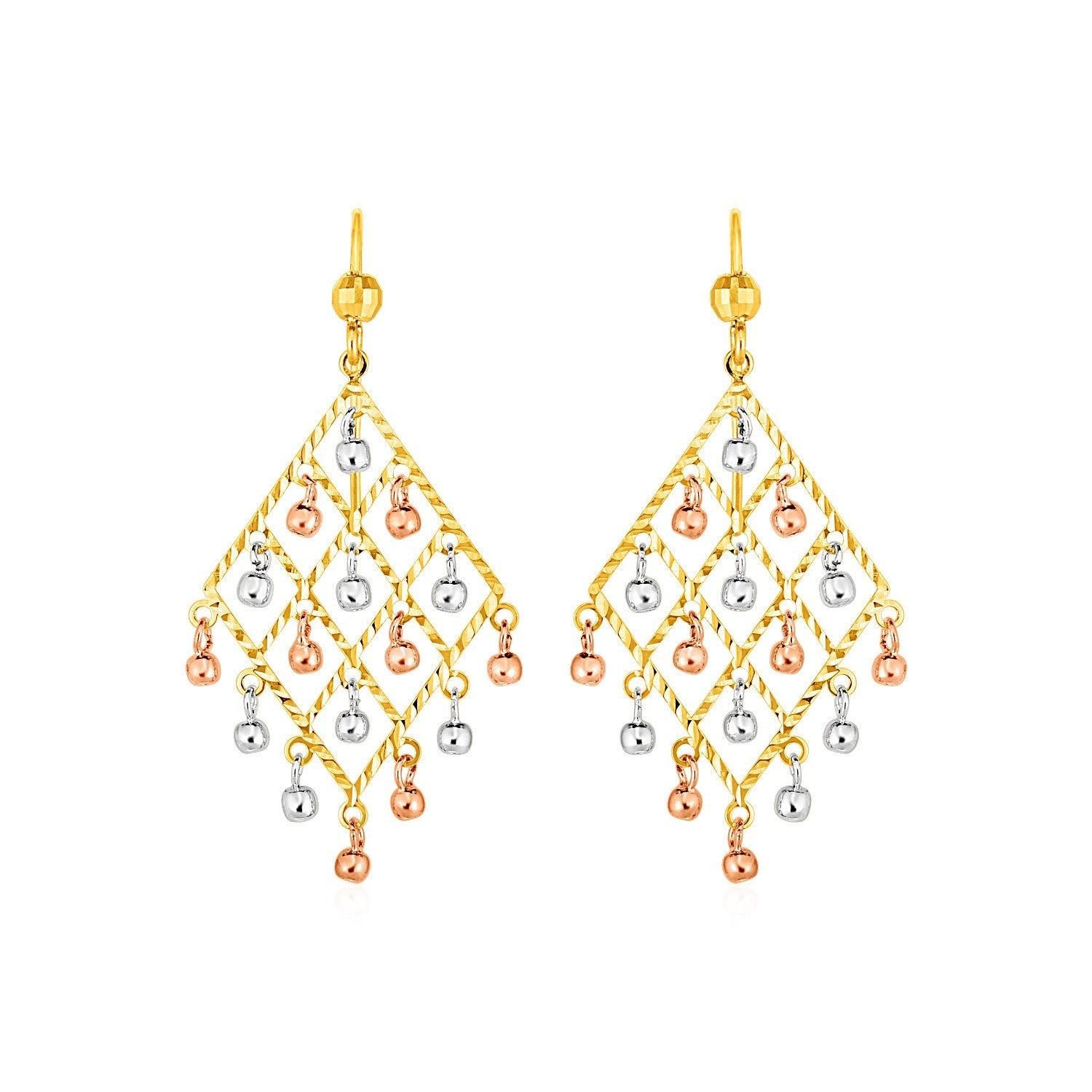 Textured Chandelier Earrings with Ball Drops in 14k Tri Color Gold - Stellar Real