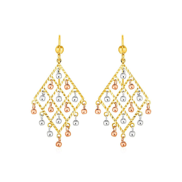 Textured Chandelier Earrings with Ball Drops in 14k Tri Color Gold - Stellar Real