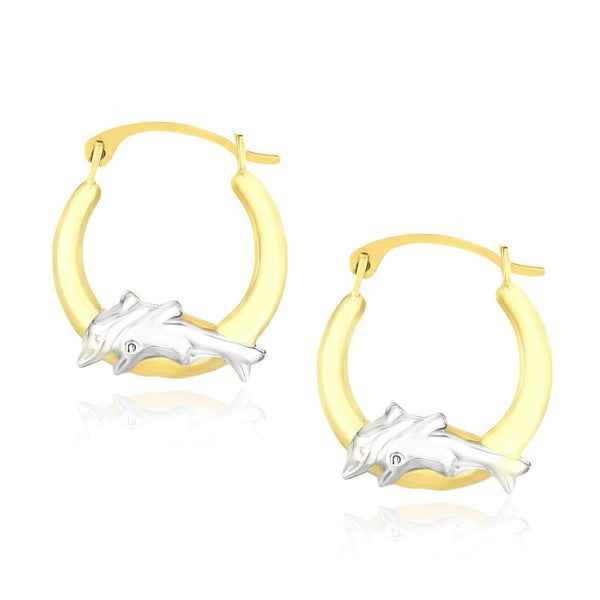10k Two-Tone Gold Round Graduated Dolphin Design Hoop Earrings - Stellar Real