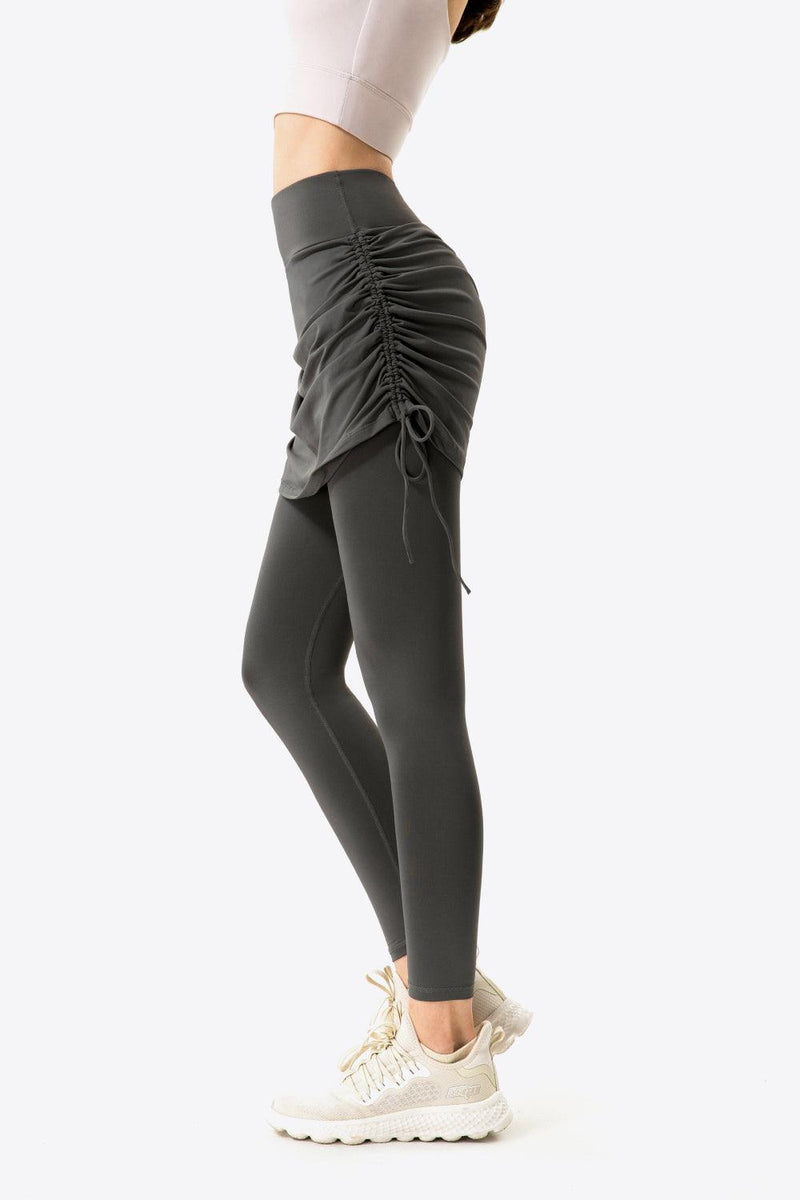 Drawstring Ruched Faux Layered Yoga Leggings - Stellar Real