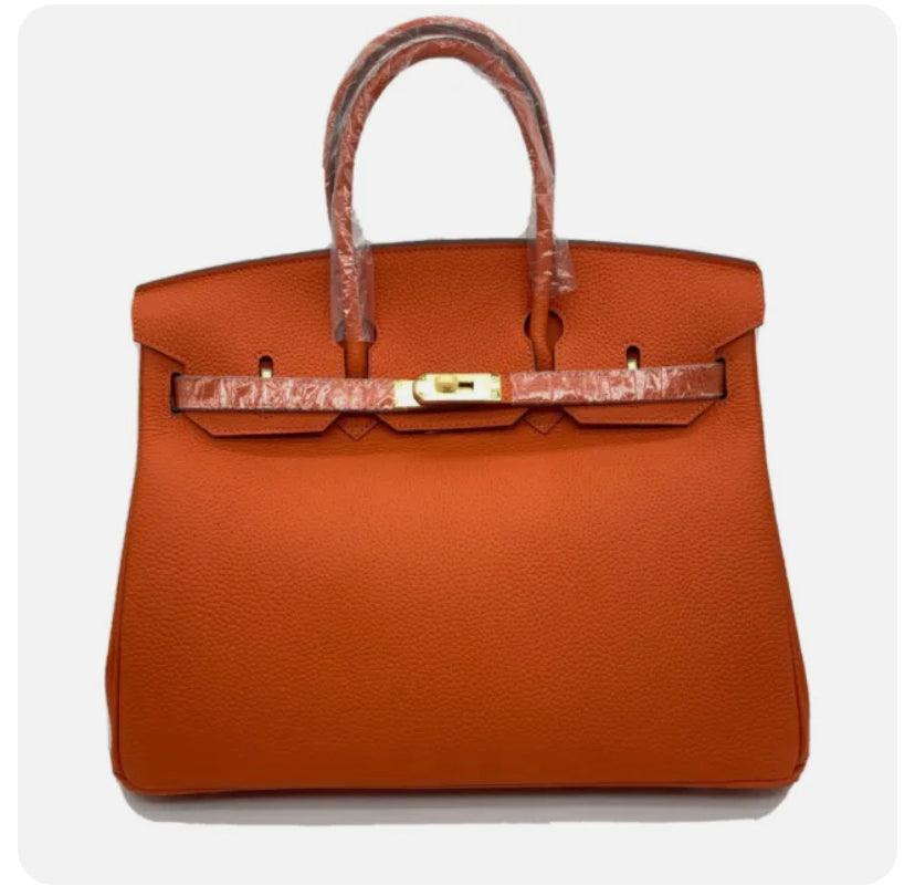GENUINE Togo leather gold  Padlock Tote Orange Bag