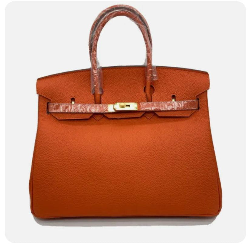GENUINE Togo leather gold Padlock Tote Orange Bag - Stellar Real